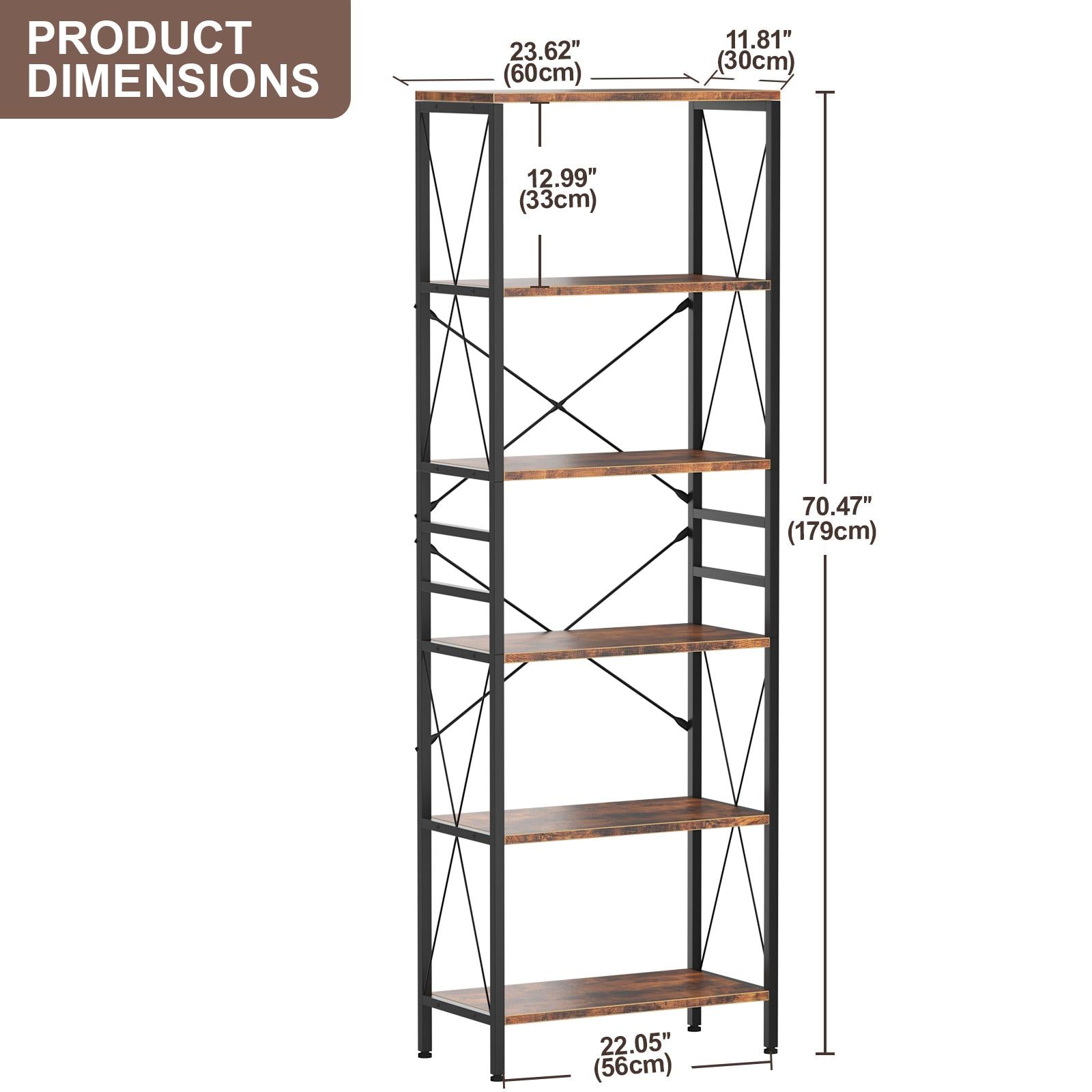 Narrow Bookshelf, 6-Tier Industrial Bookcase, Rustic Open Book Shelf, Freestanding Horizontal Bookshelves with Metal Frame