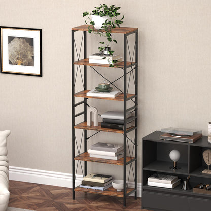 Narrow Bookshelf, 6-Tier Industrial Bookcase, Rustic Open Book Shelf, Freestanding Horizontal Bookshelves with Metal Frame