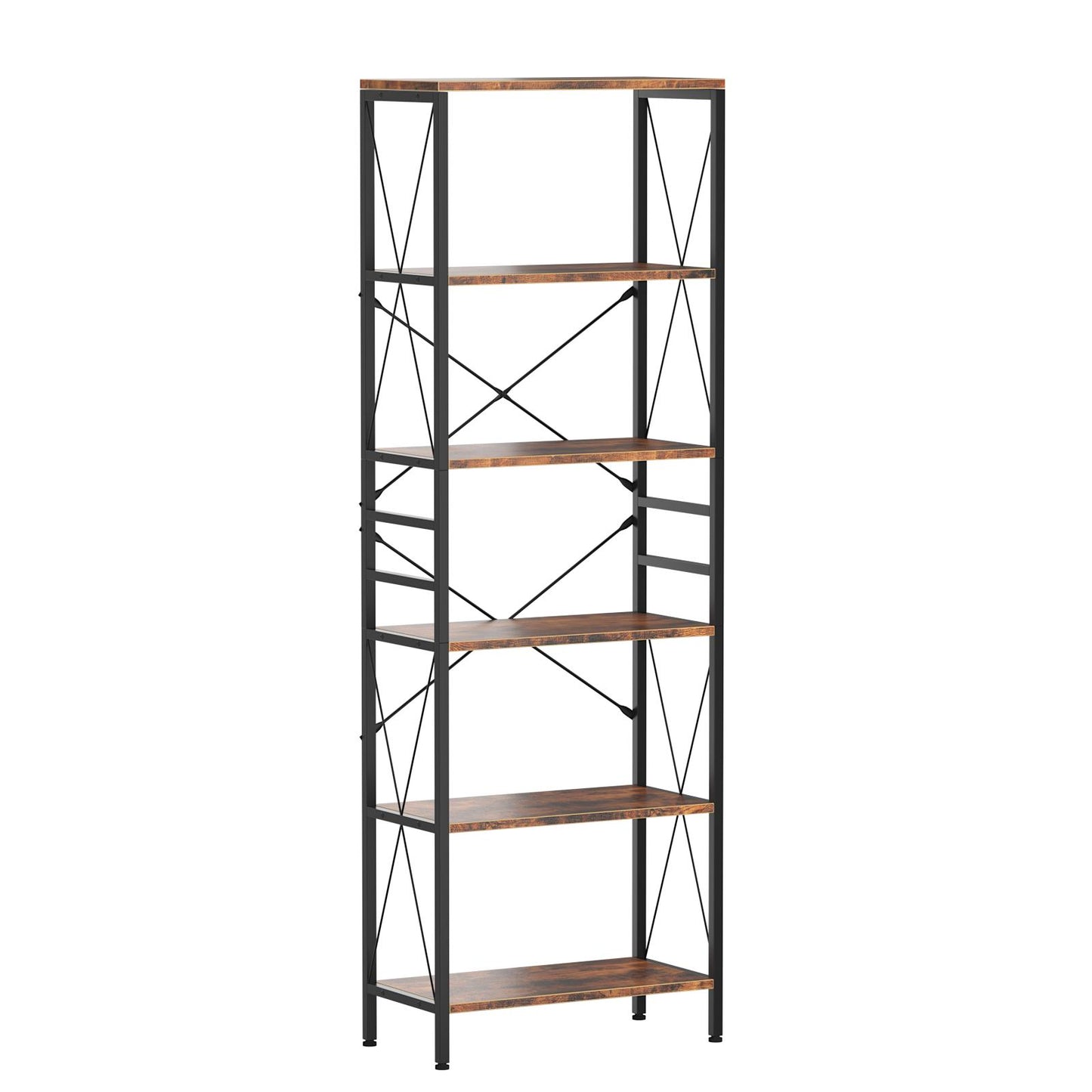 Narrow Bookshelf, 6-Tier Industrial Bookcase, Rustic Open Book Shelf, Freestanding Horizontal Bookshelves with Metal Frame