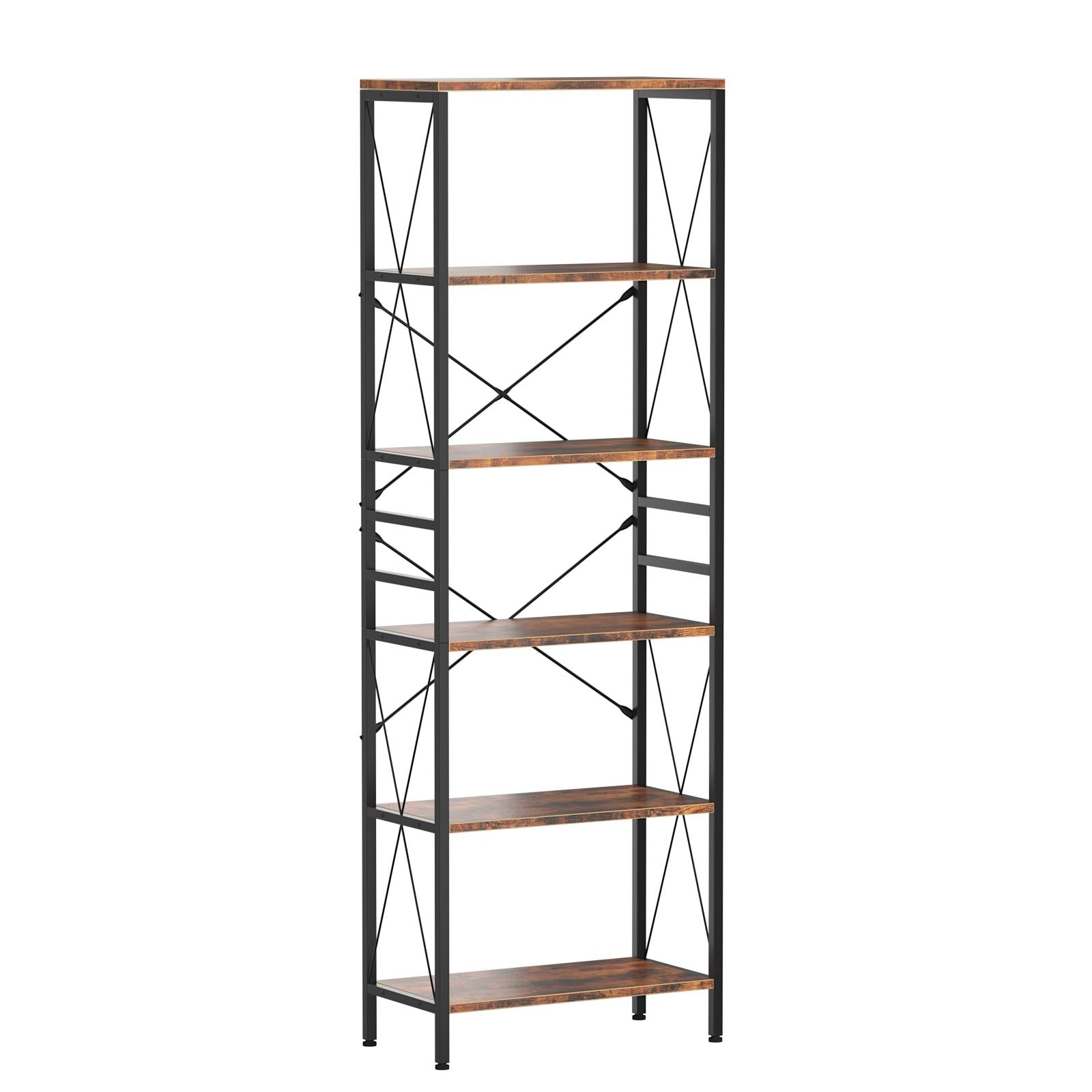 Narrow Bookshelf, 6-Tier Industrial Bookcase, Rustic Open Book Shelf, Freestanding Horizontal Bookshelves with Metal Frame