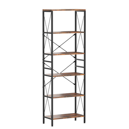 Narrow Bookshelf, 6-Tier Industrial Bookcase, Rustic Open Book Shelf, Freestanding Horizontal Bookshelves with Metal Frame