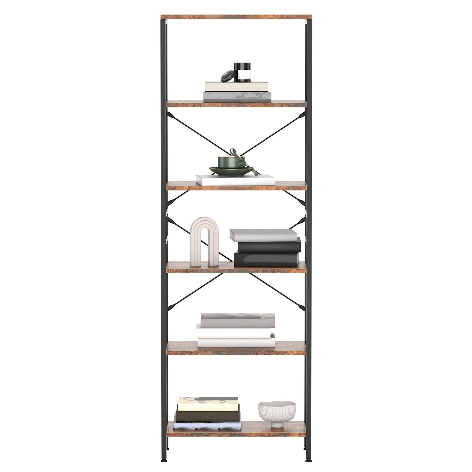 Narrow Bookshelf, 6-Tier Industrial Bookcase, Rustic Open Book Shelf, Freestanding Horizontal Bookshelves with Metal Frame