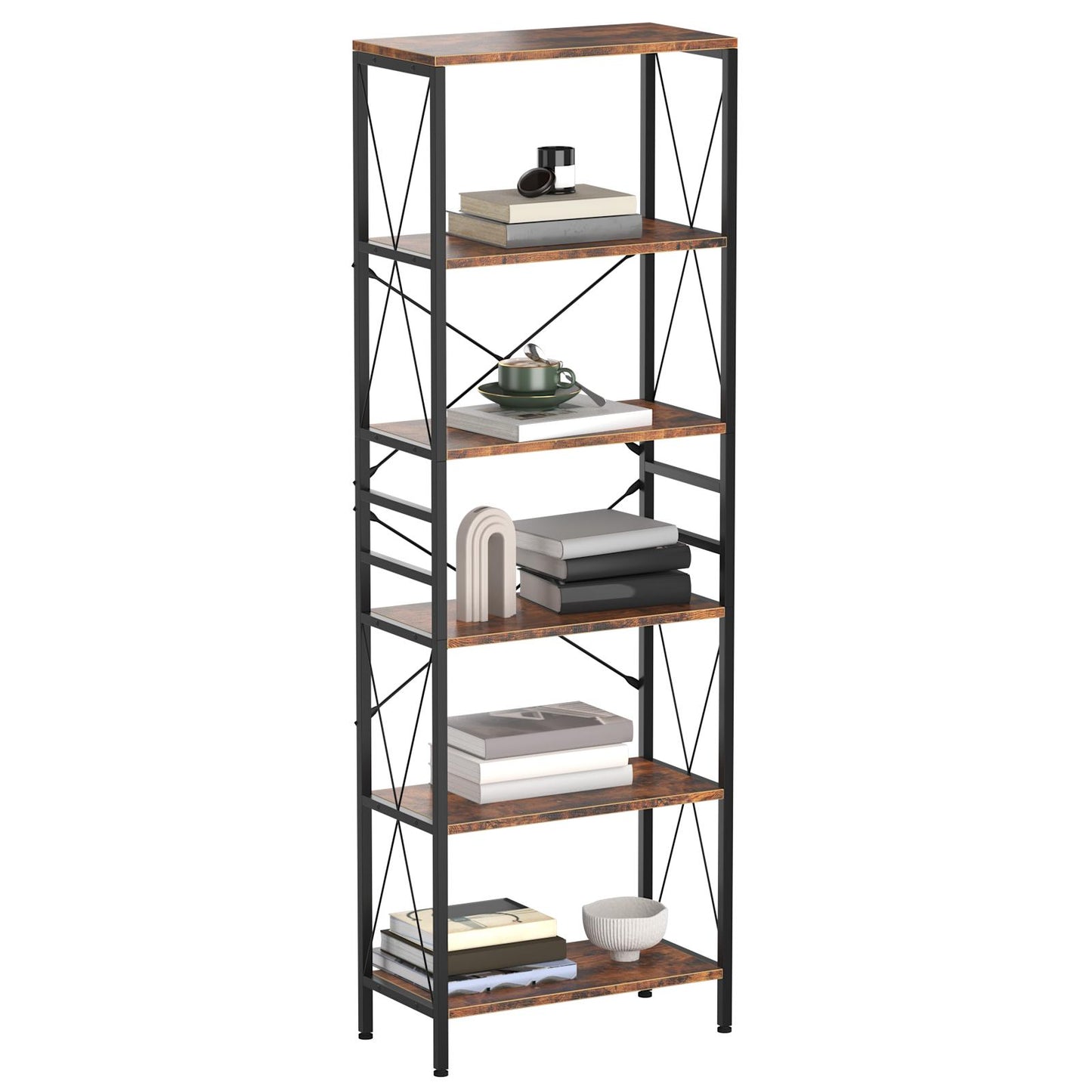 Narrow Bookshelf, 6-Tier Industrial Bookcase, Rustic Open Book Shelf, Freestanding Horizontal Bookshelves with Metal Frame