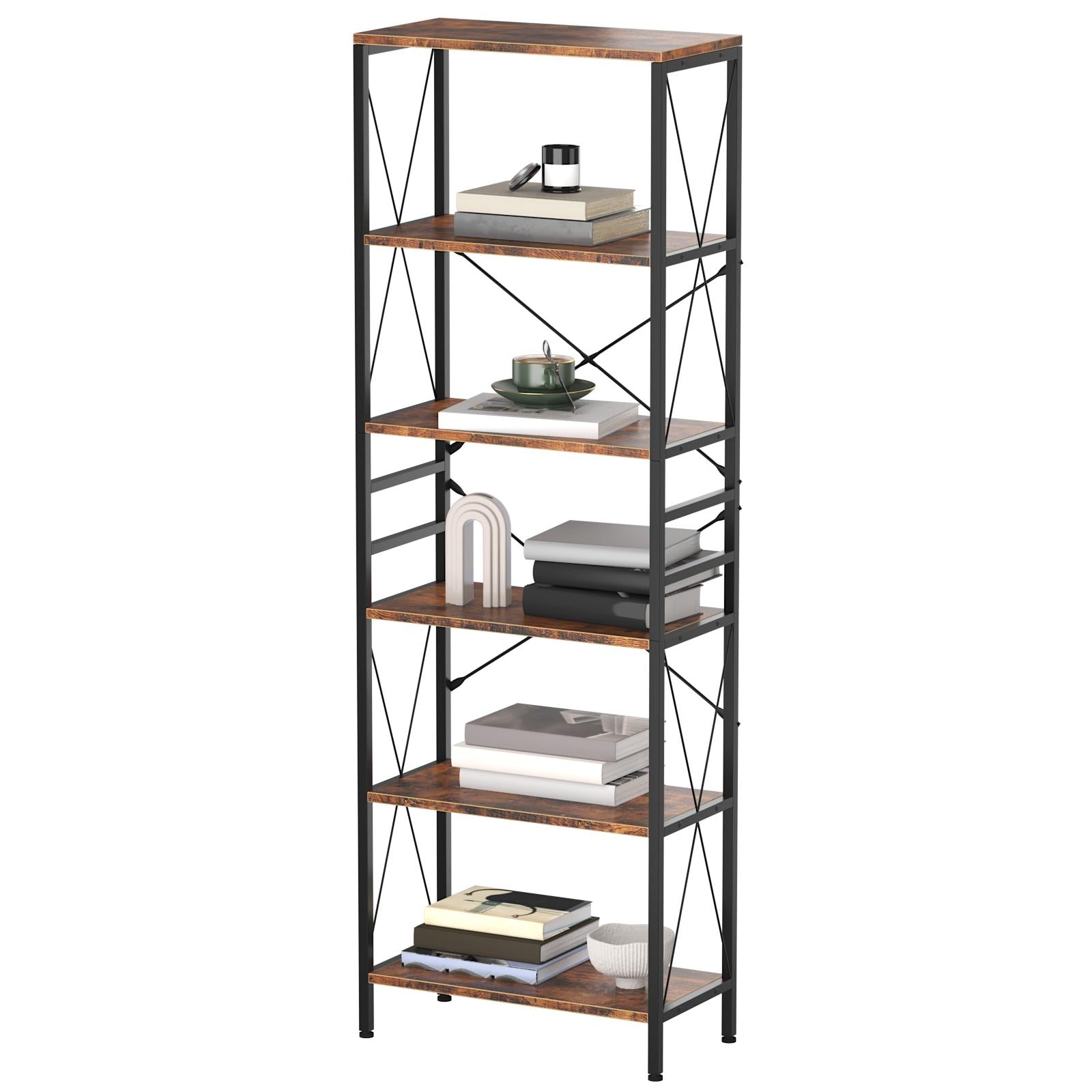 Narrow Bookshelf, 6-Tier Industrial Bookcase, Rustic Open Book Shelf, Freestanding Horizontal Bookshelves with Metal Frame