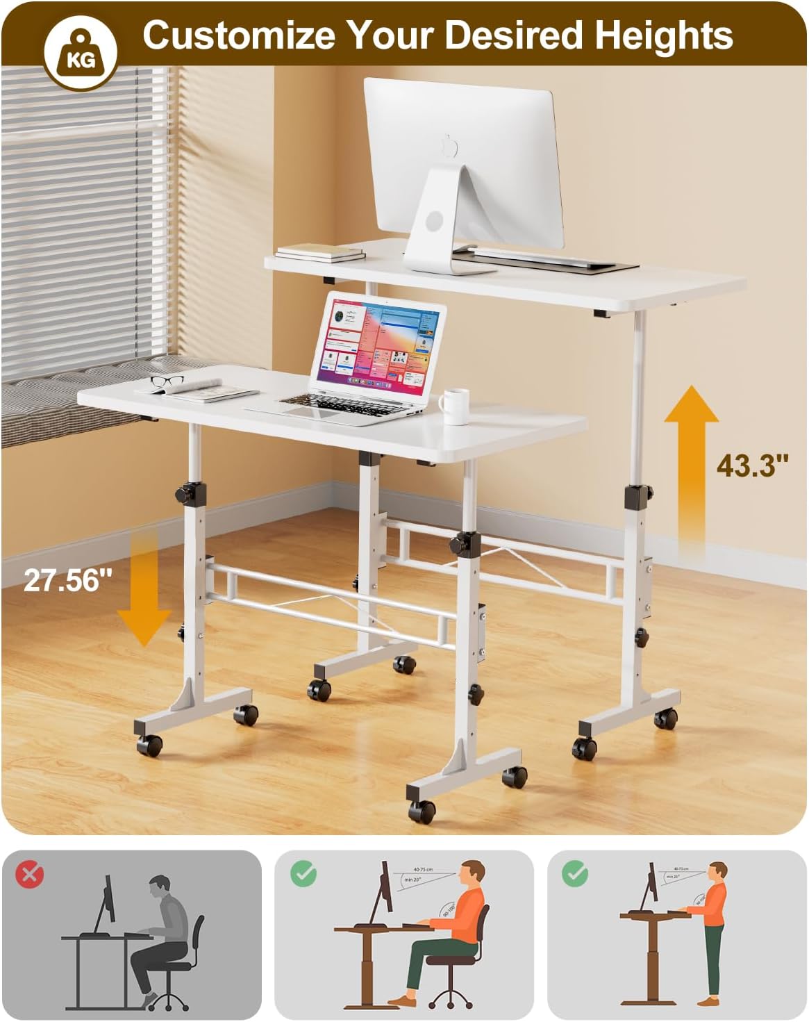 Alisened Small standing desk adjustable height, mobile standing desk with wheels