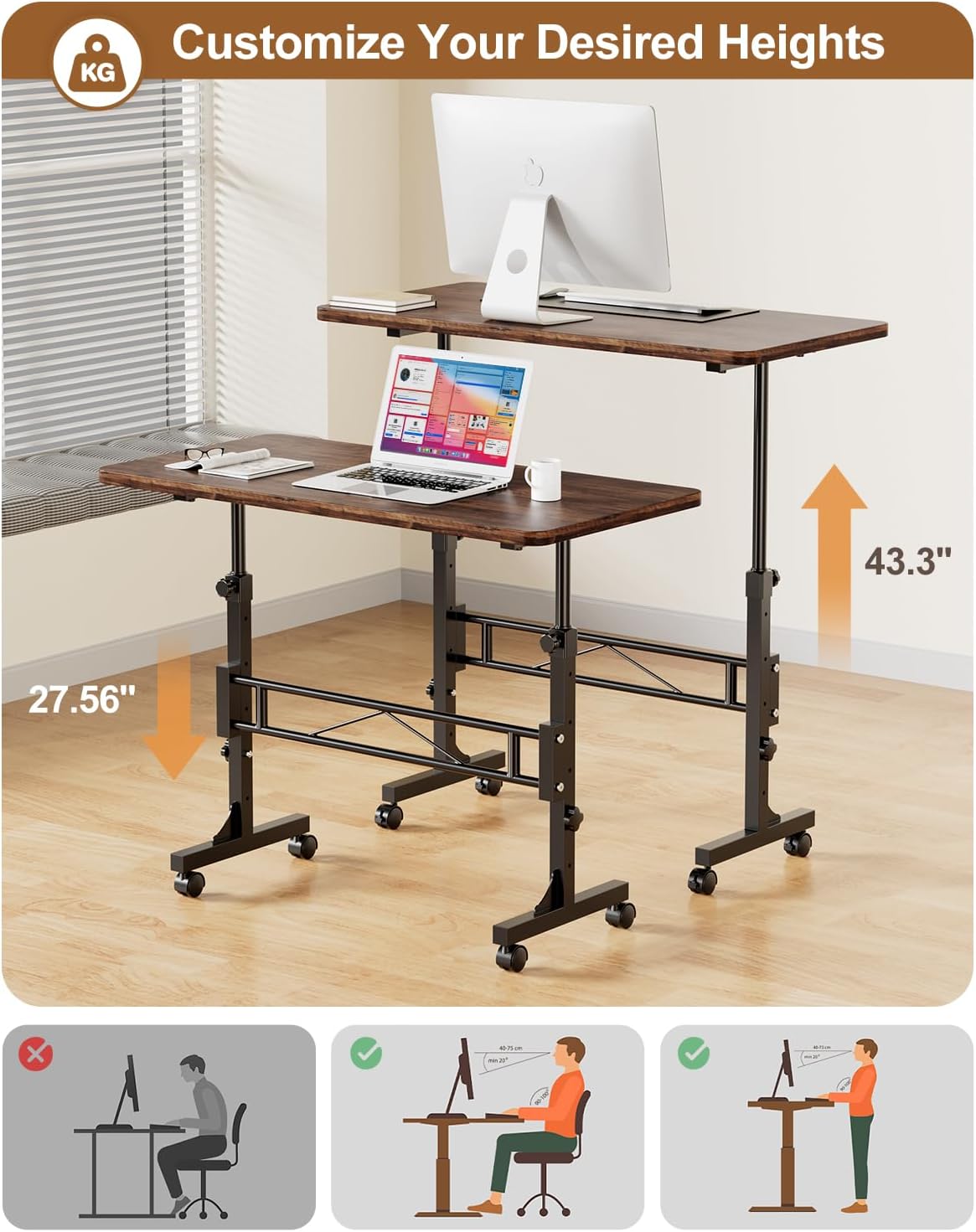 Alisened Small standing desk adjustable height, mobile standing desk with wheels