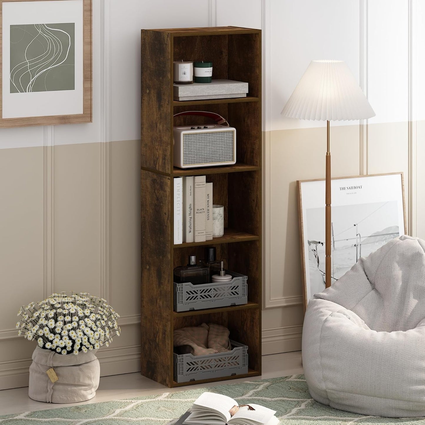 Alisened Bookcase/Bookshelf/Storage Rack,5 Layers,Dark Wood