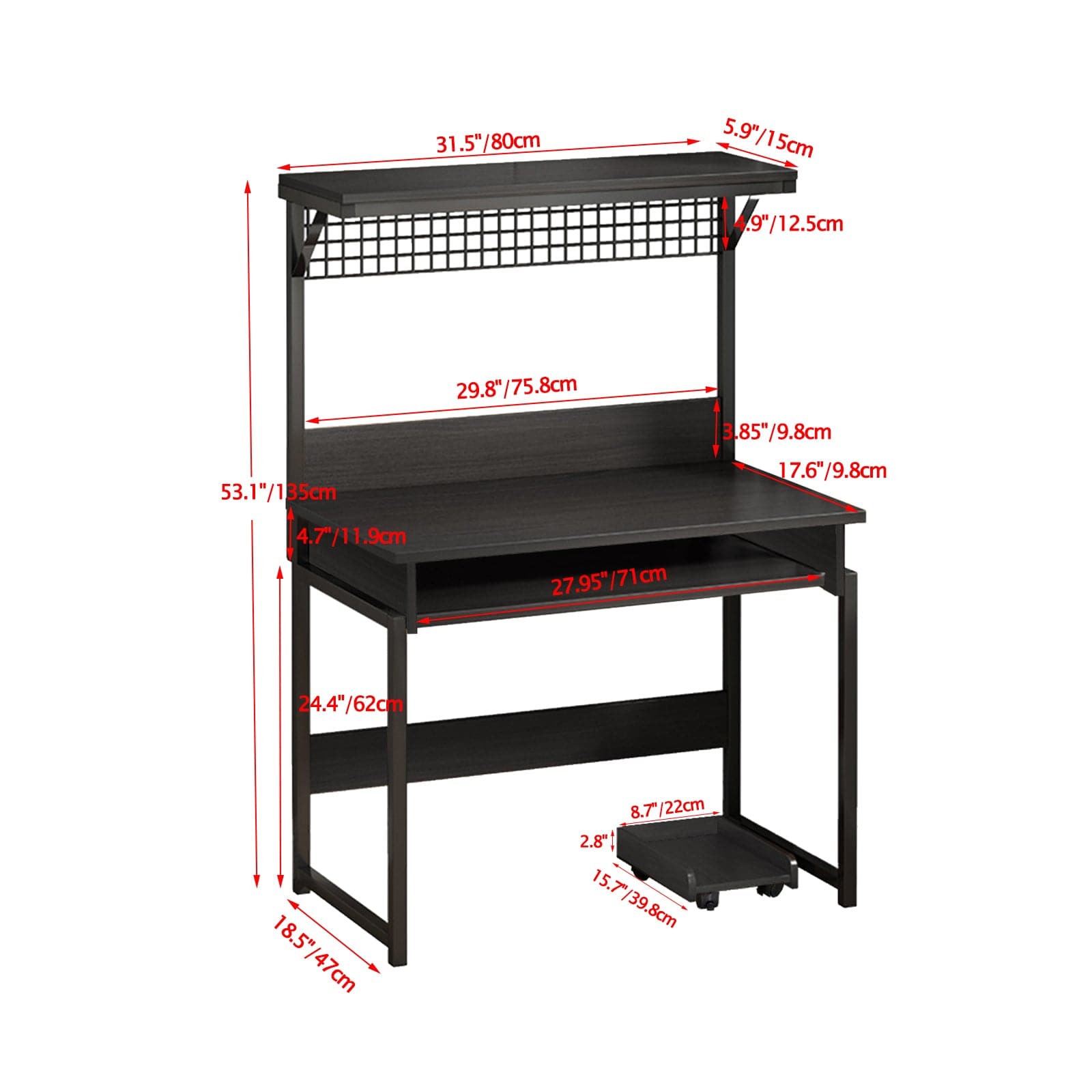 Black Study Table Modern Writing Desk with Storage Shelves size