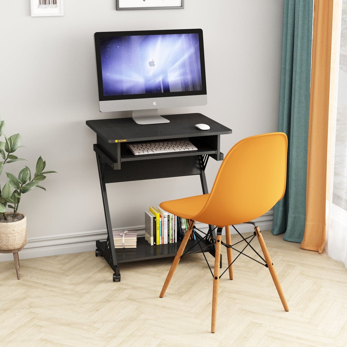 Computer Desk for Small Spaces with Wheels and Bottom Shelves