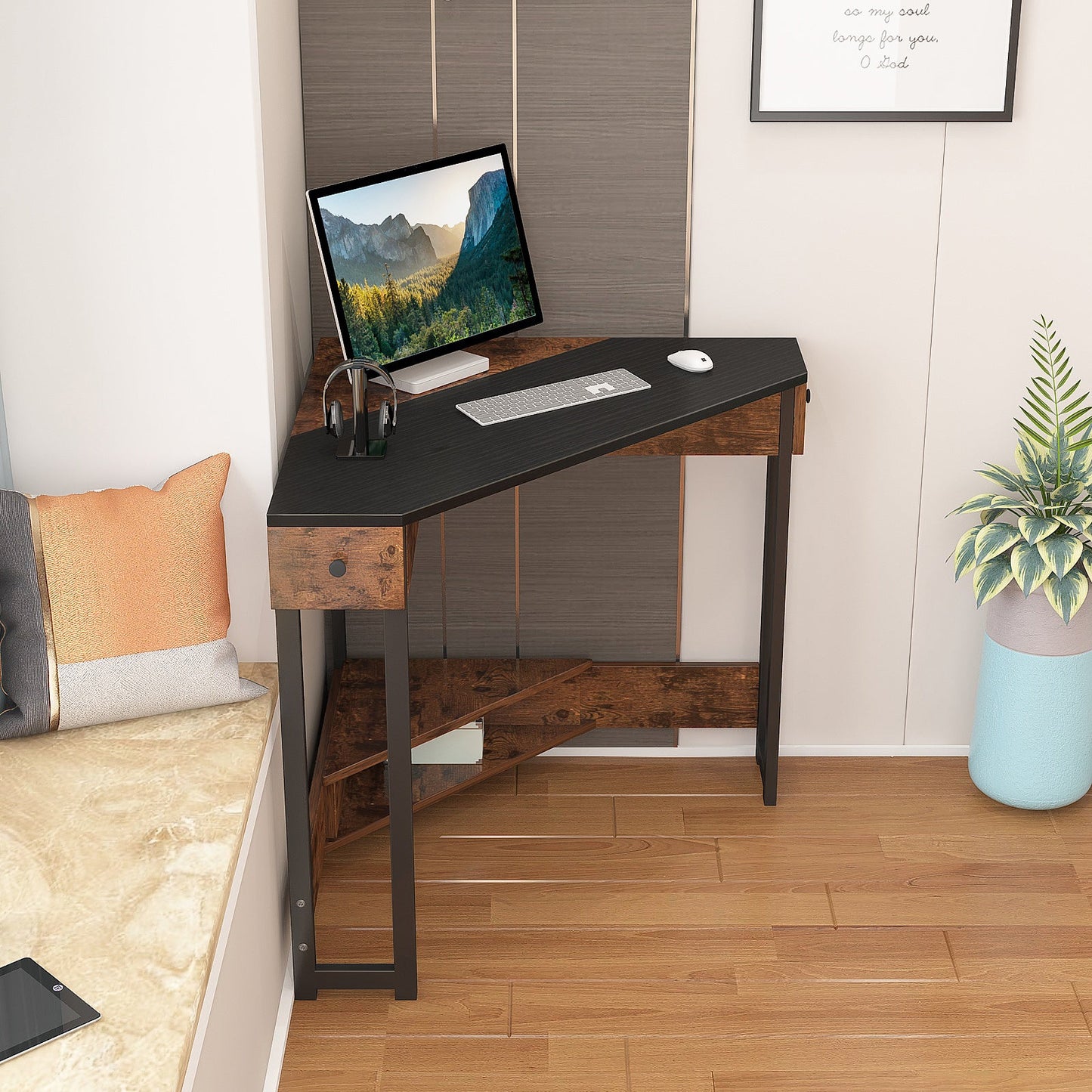 Triangle Computer Desk with Storage Shelf Corner Desk