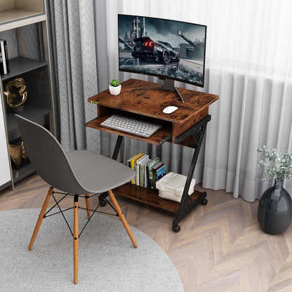 Computer Desk for Small Spaces with Wheels and Bottom Shelves