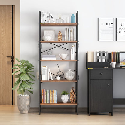 5-Tier Industrial Wooden Bookcase Display Rack with Metal Frame