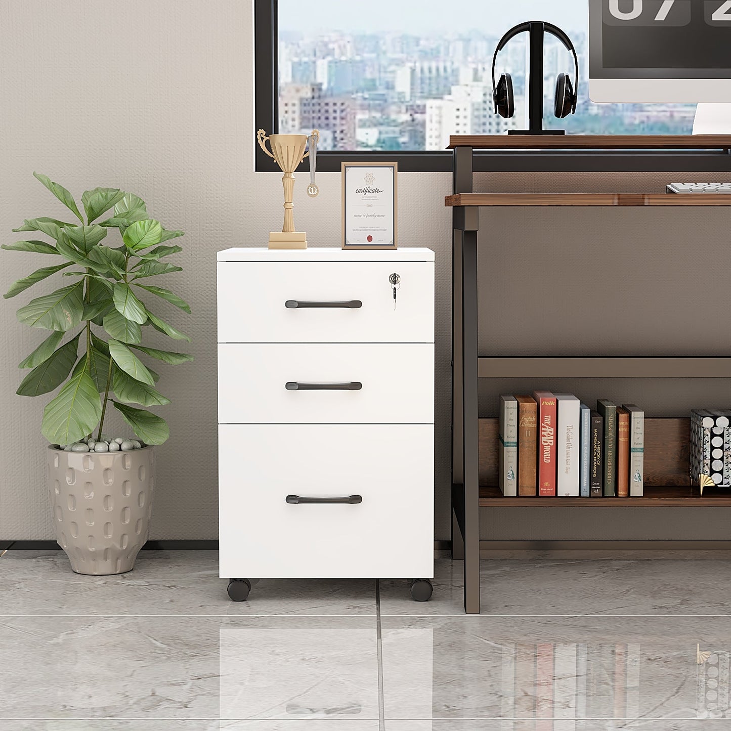 3 Drawers Wooden Locking File Cabinet with Storage