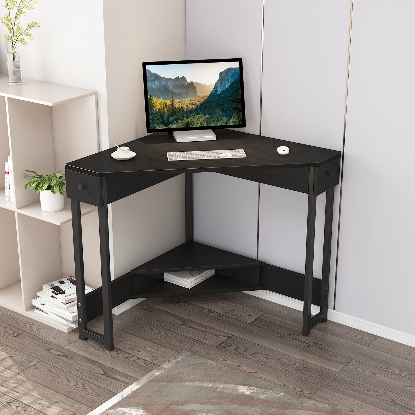 Triangle Computer Desk with Storage Shelf black