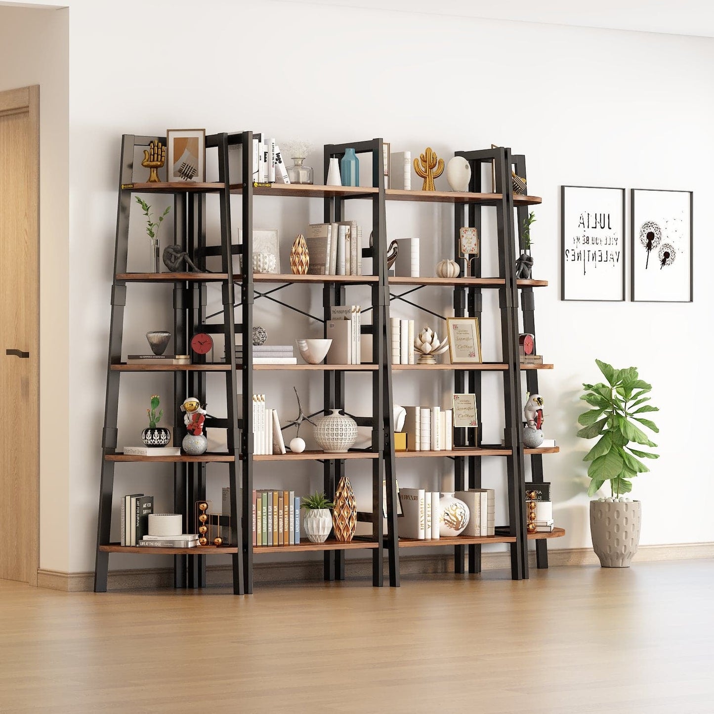 5-Tier Industrial Wooden Bookcase Display Rack with Metal Frame