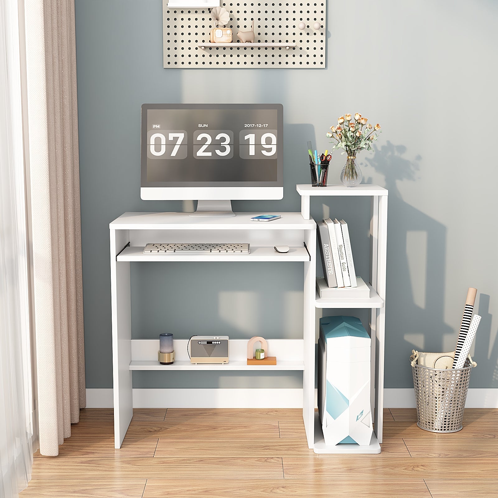 Computer Desk with Keyboard Tray and Storage Shelf Small Modern Working Table