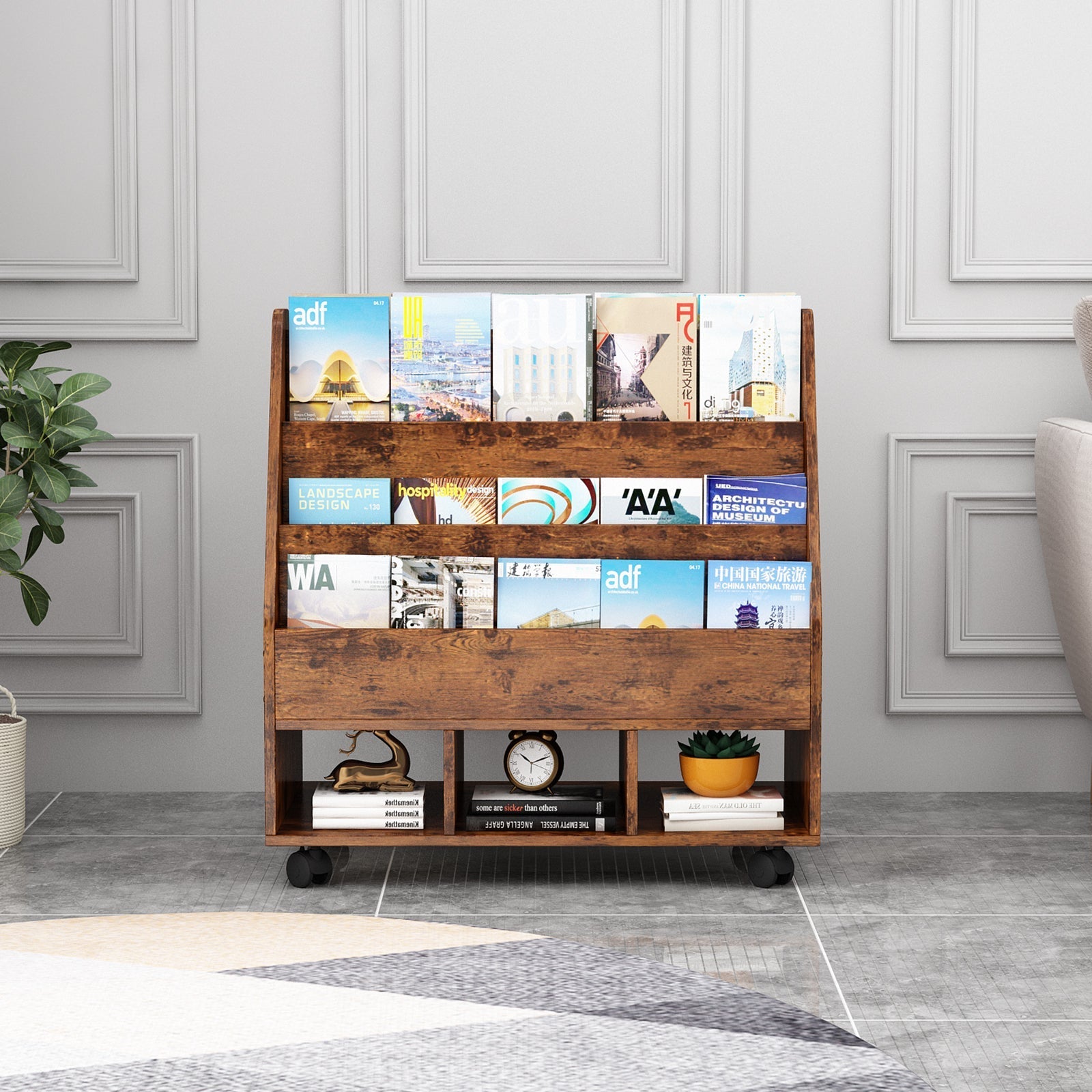 4 Tier Double Sided Mobile Bookcase Display Stand with 3 Cube Units Magazine Bookshelf