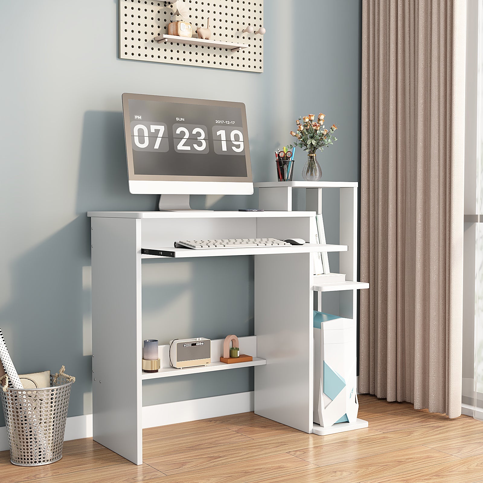 Computer Desk with Keyboard Tray and Storage Shelf Small Modern 