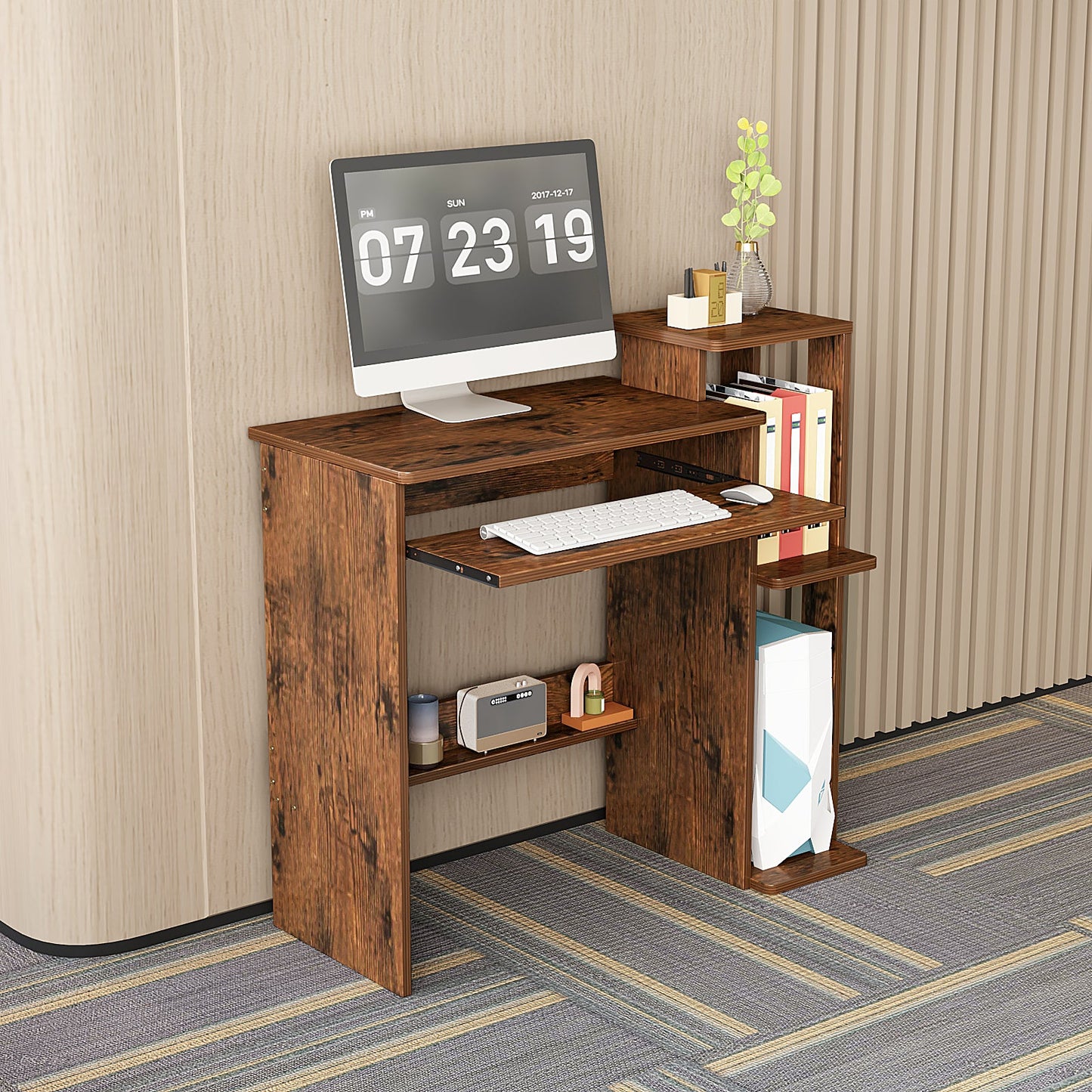 Computer Desk with Keyboard Tray and Storage Shelf Small 