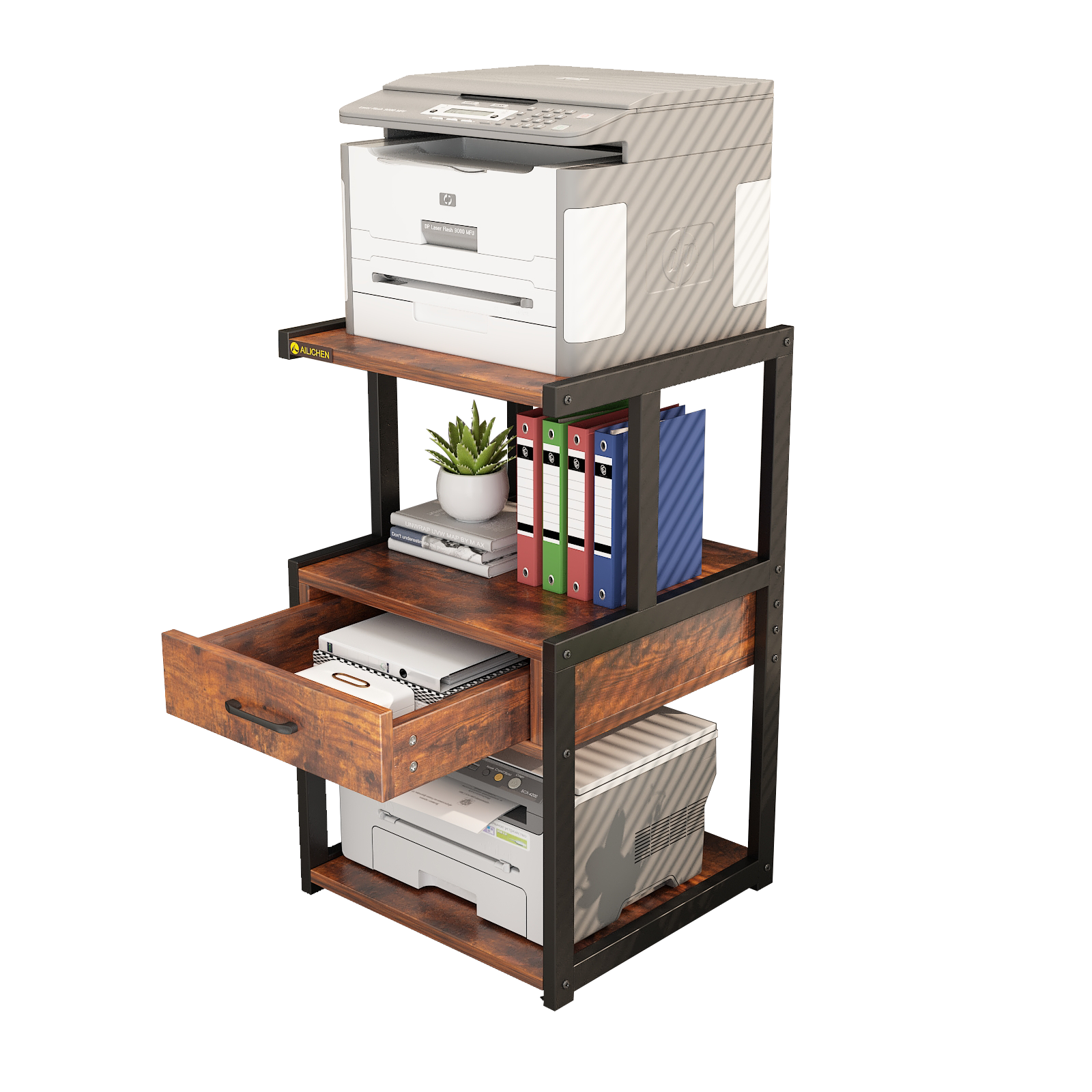 Mobile Printer Stand Filing Cabinet with Storage Shelves