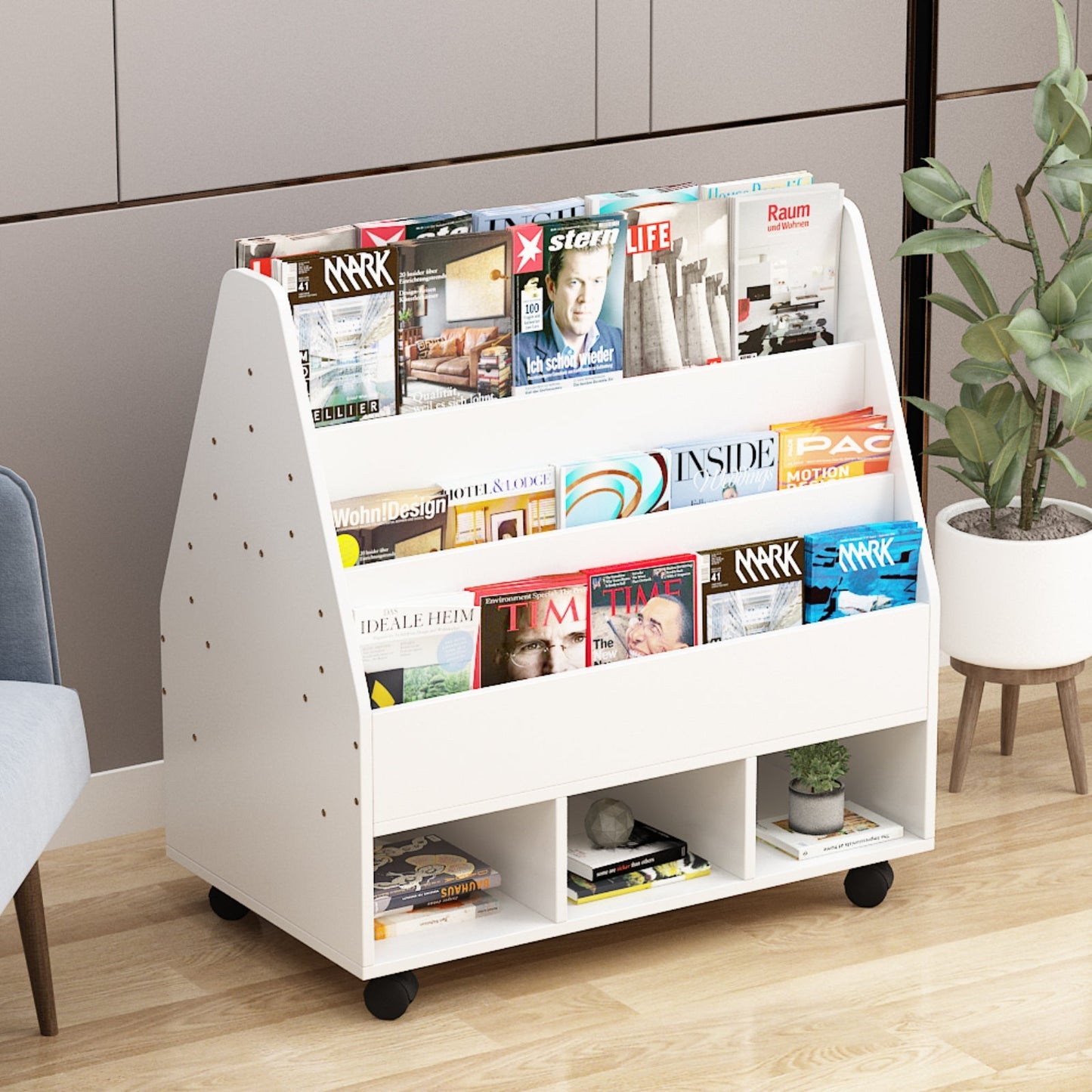 4 Tier Double Sided Mobile Bookcase Display Stand with 3 Cube Units Magazine Bookshelf