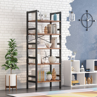 5-Tier Industrial Wooden Bookcase Display Rack with Metal Frame