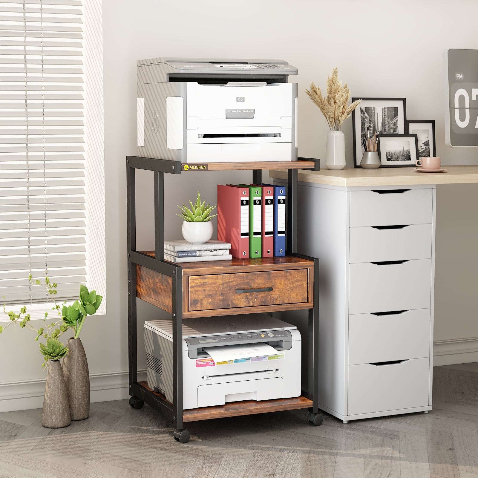 Mobile Printer Stand Filing Cabinet with Storage Shelves