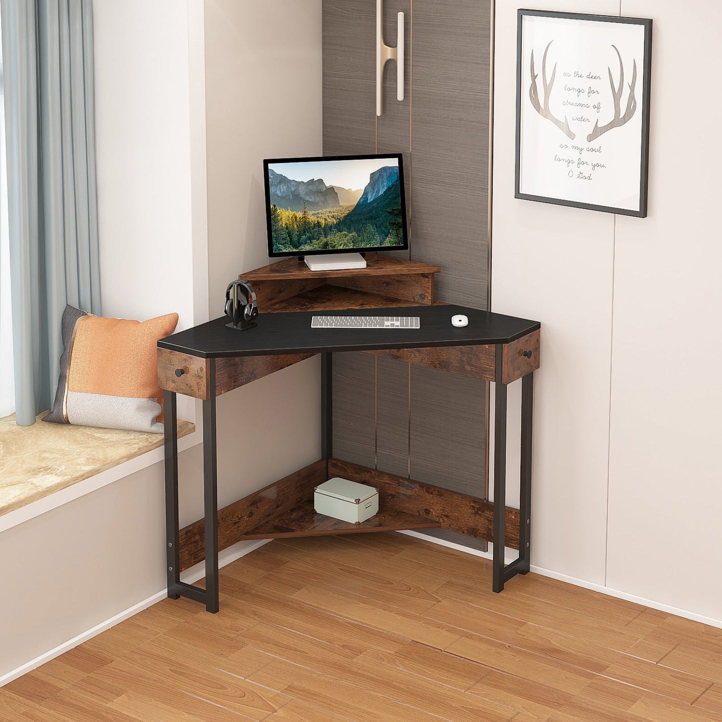 Triangle Computer Desk with Storage Shelf Corner Desk for Small Space rustic style