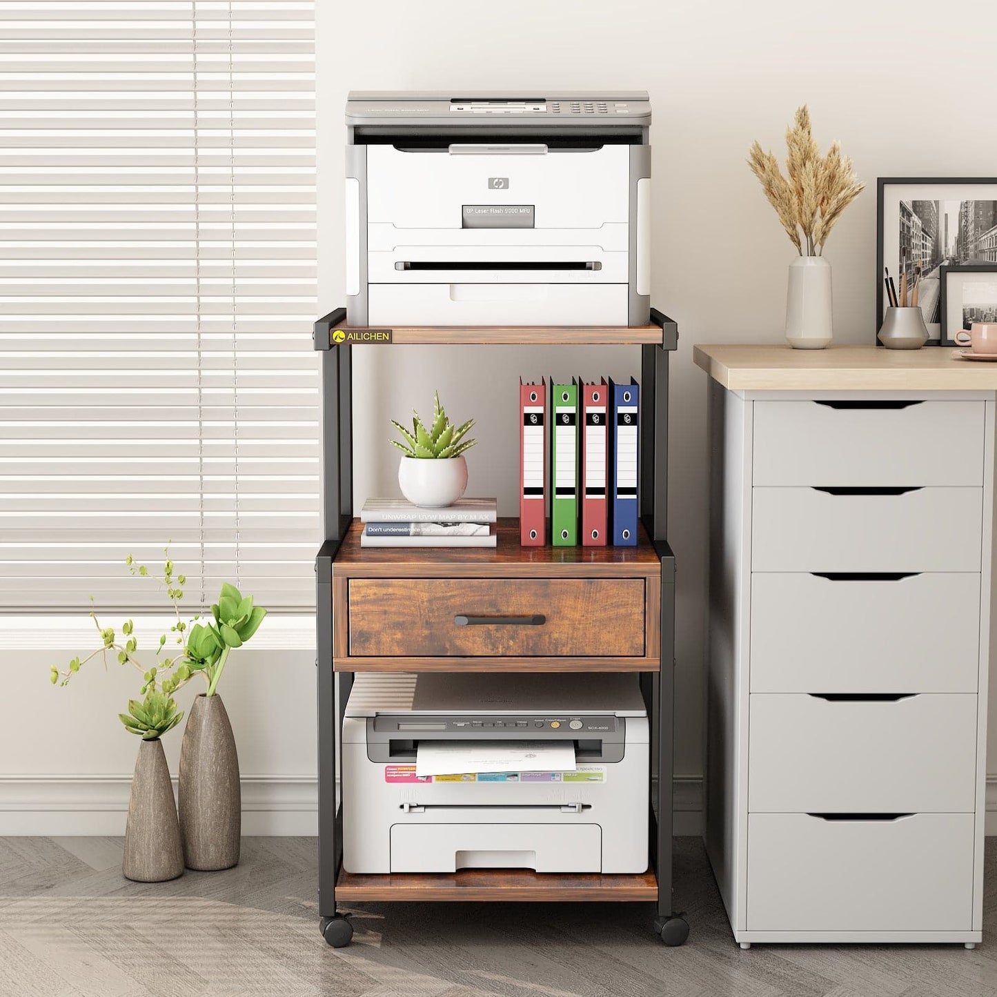 Mobile Printer Stand Filing Cabinet with Storage Shelves