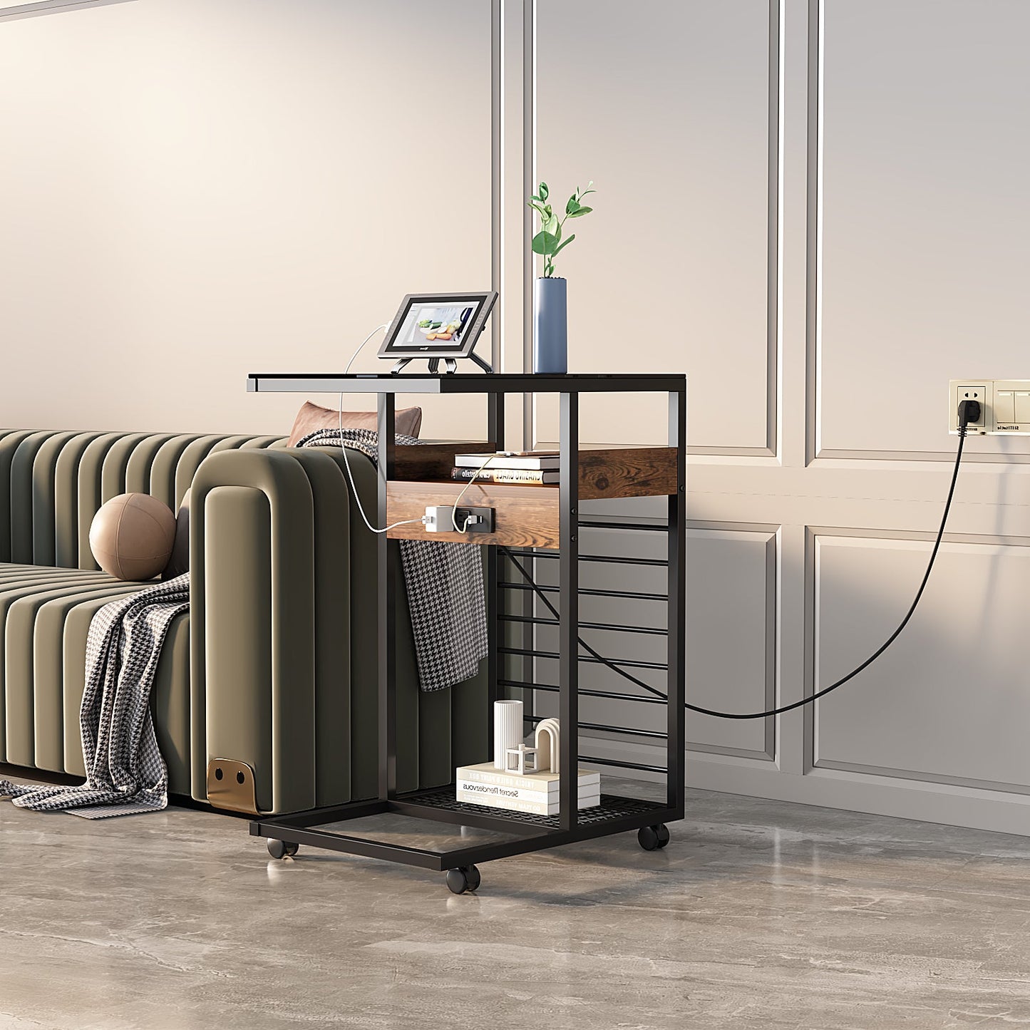 Mobile C-Shaped End Table with Charging Station and Wheels