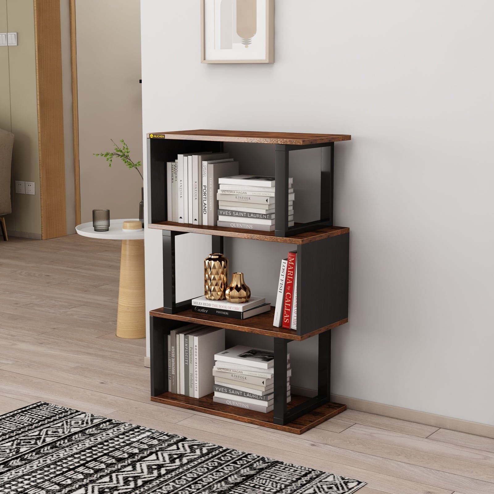 3-tier Open Storage Shelving with Wood Look Accent Metal Frame