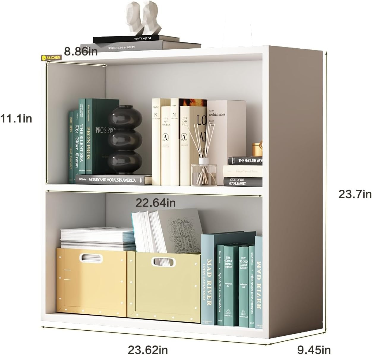 2-tier white MDF bookshelf Size:23.62*9.45*23.7inch