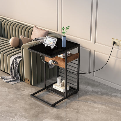 Mobile C-Shaped End Table with Charging Station and Wheels