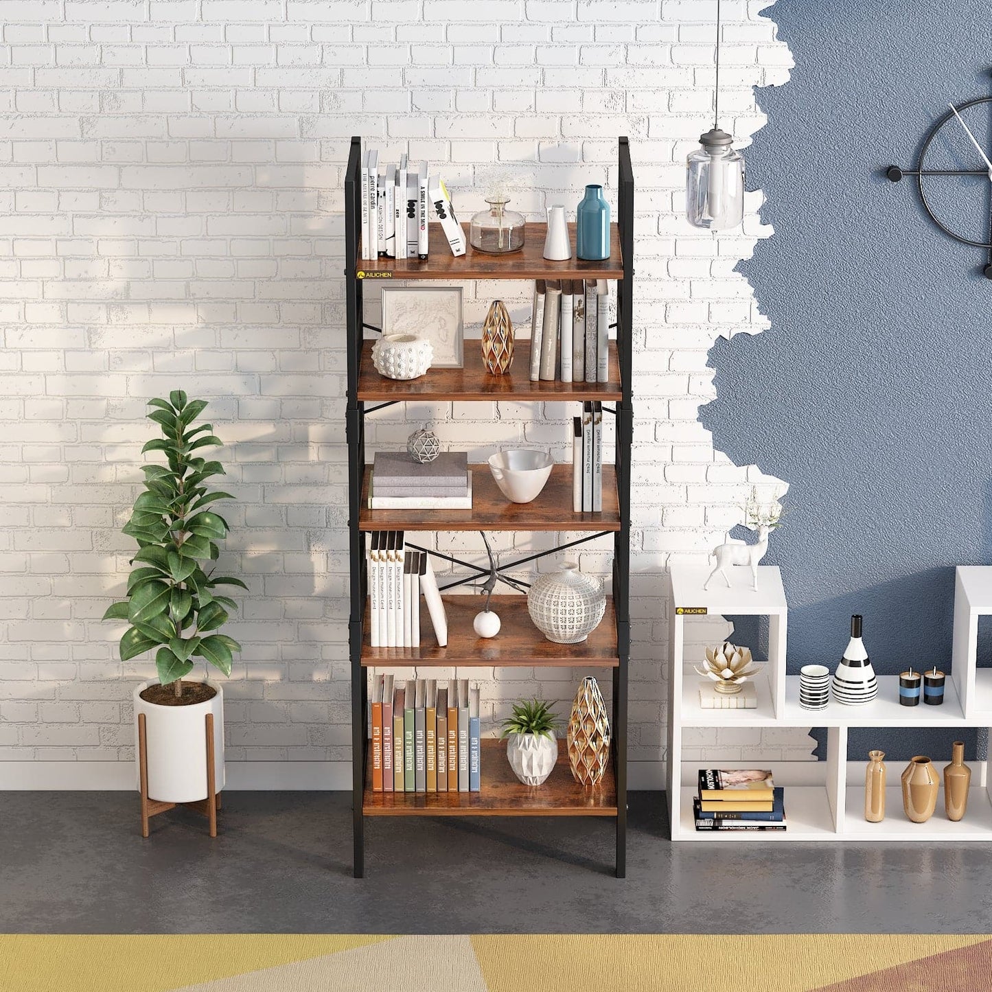 5-Tier Industrial Wooden Bookcase Display Rack with Metal Frame