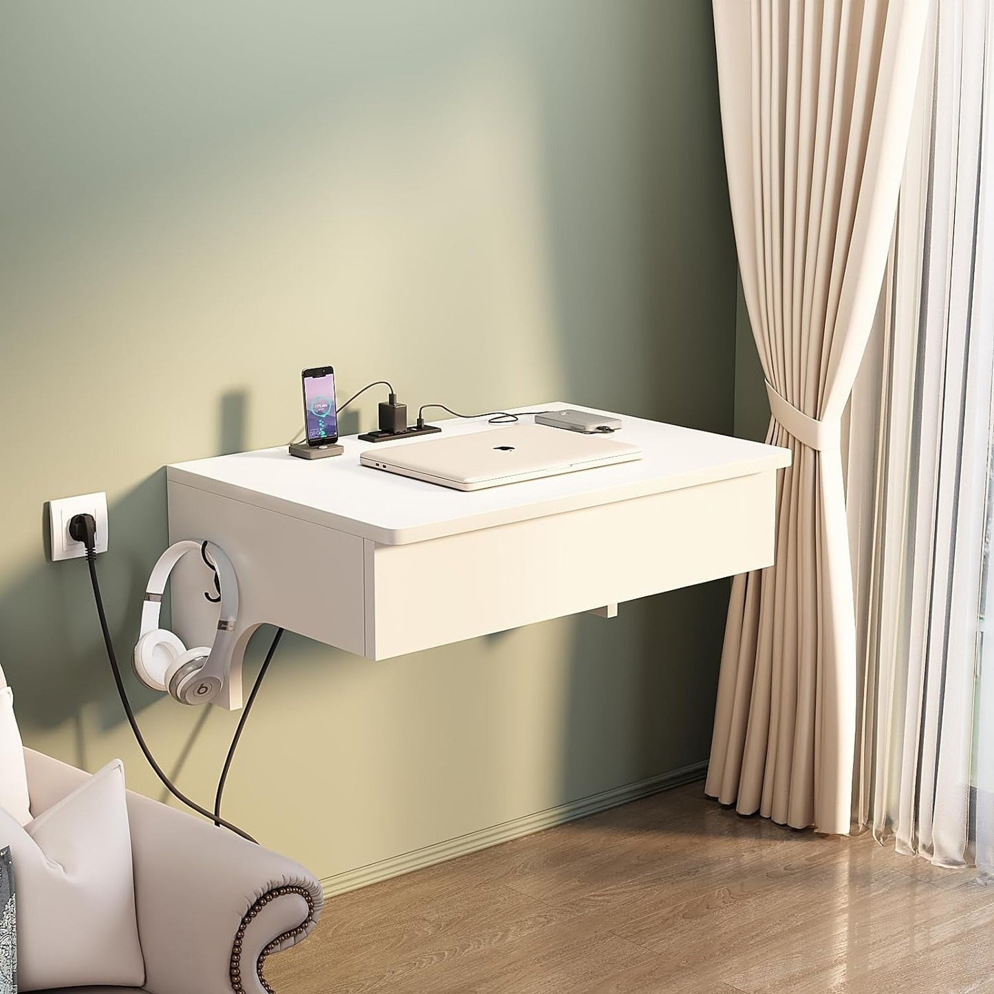 Wall Mounted Laptop Desk with Power Outlets,2 USB Ports