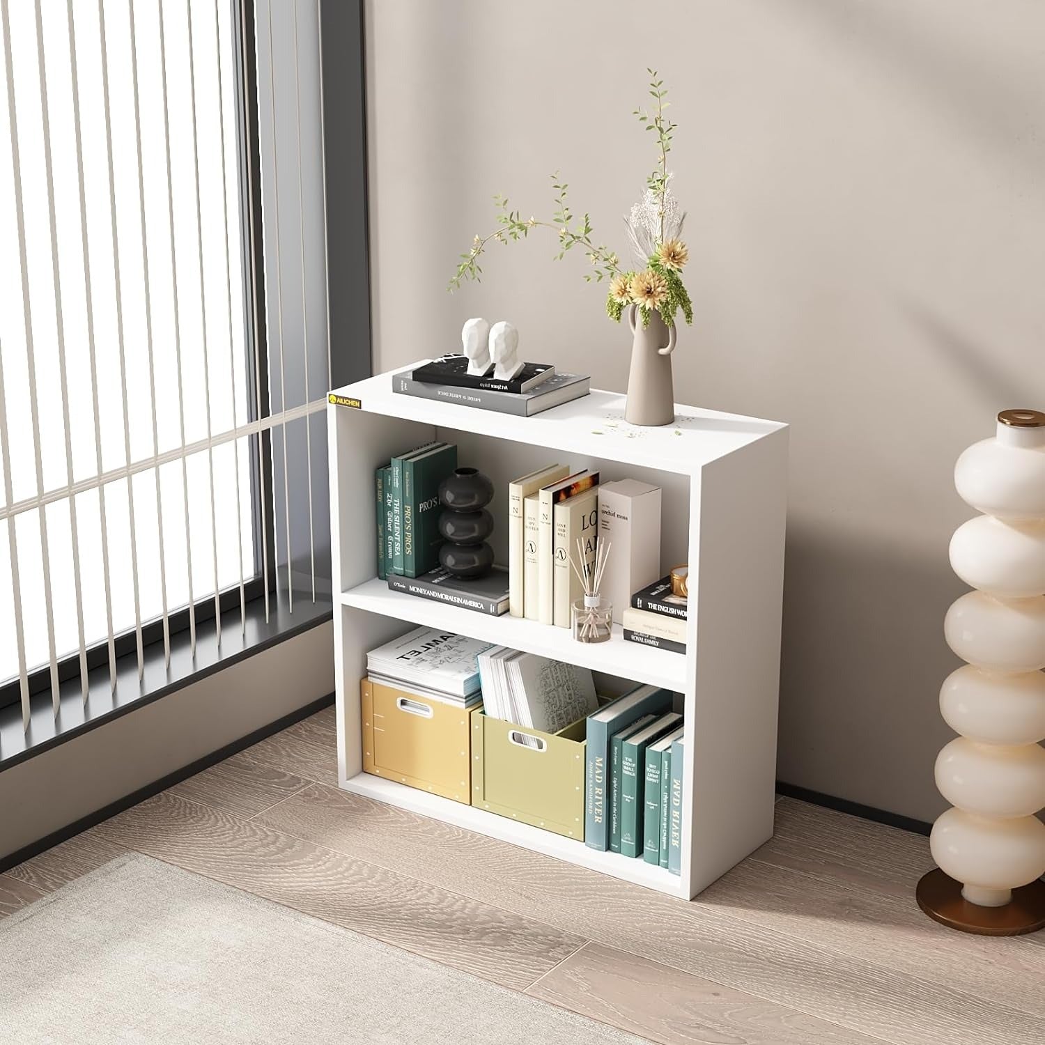 2-tier white MDF bookshelf