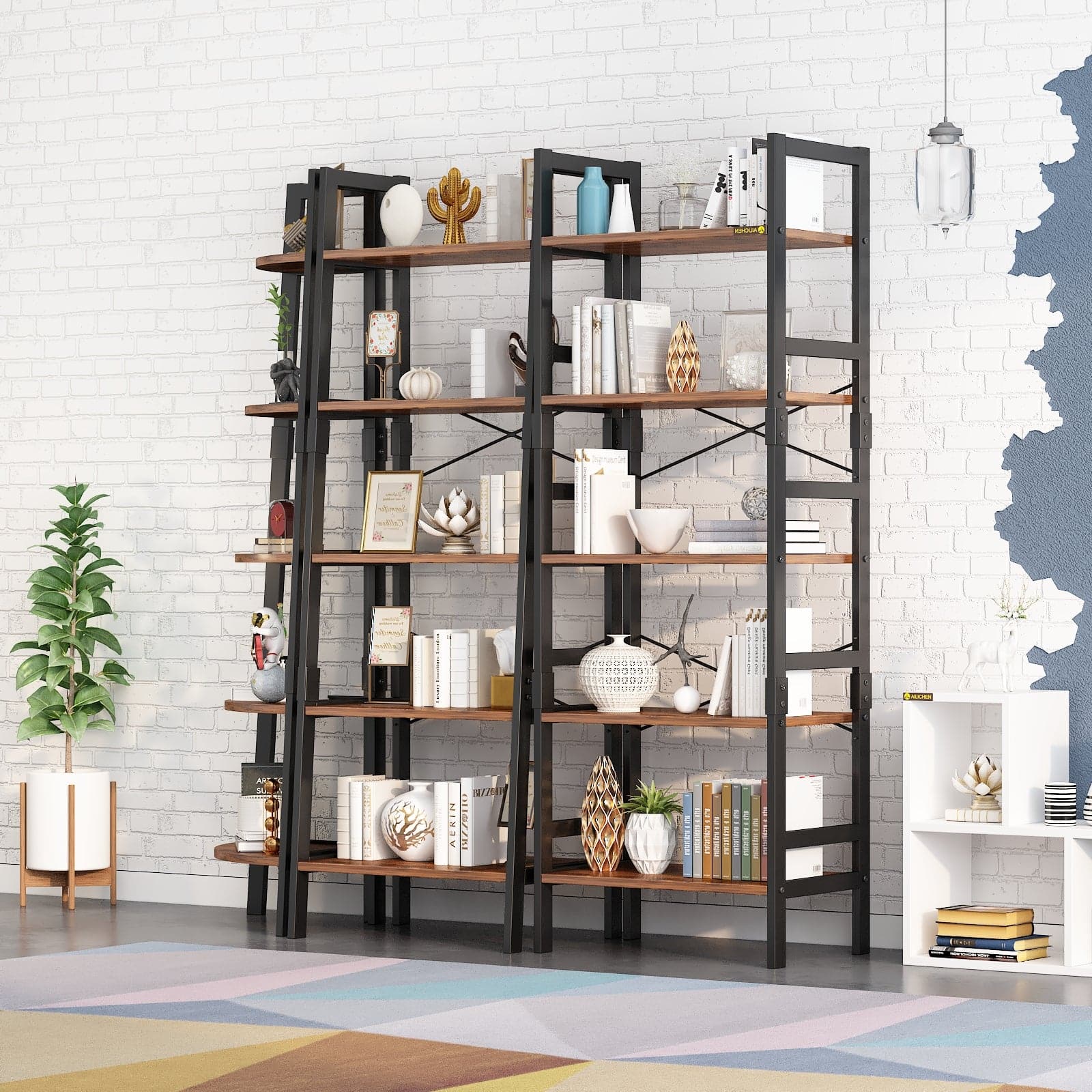 5-Tier Industrial Wooden Bookcase Display Rack with Metal Frame