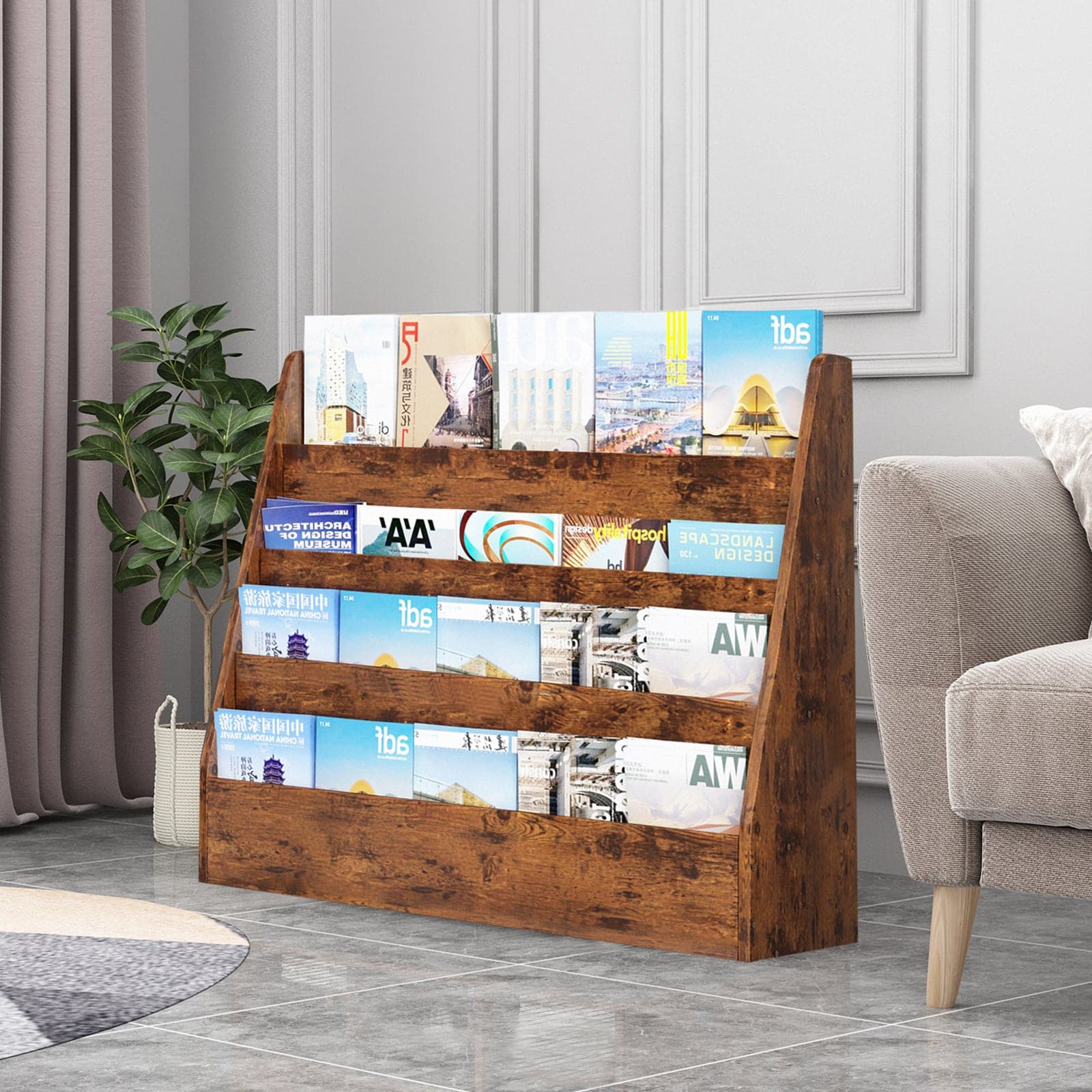 4 Shelves Bookcase Display Stand Wood Magazine Rack File Storage Holder