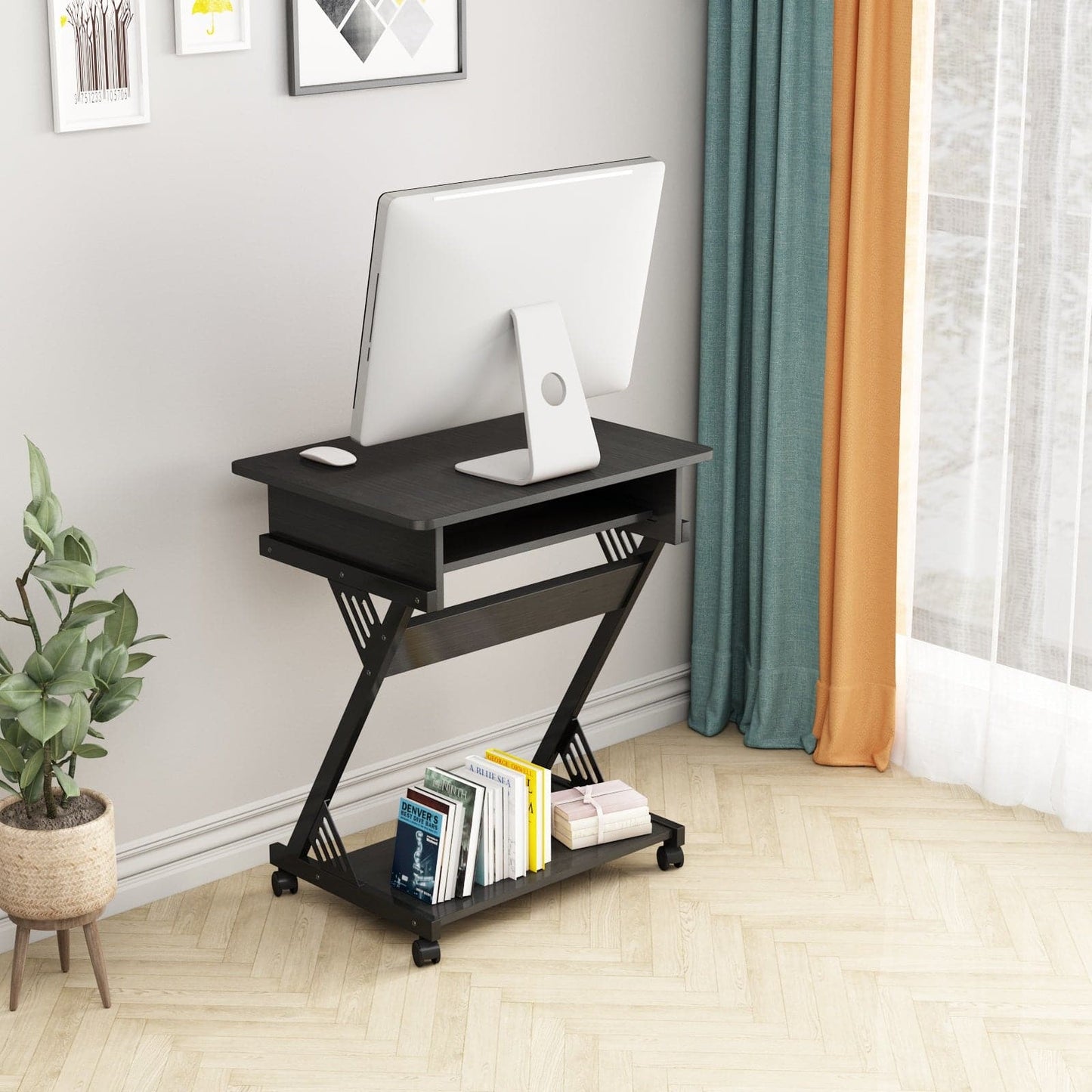 Computer Desk for Small Spaces with Wheels and Bottom Shelves