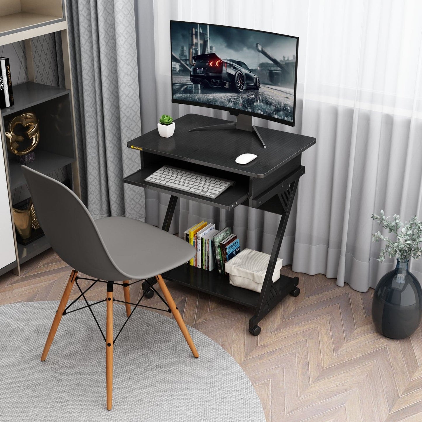 Computer Desk for Small Spaces with Wheels and Bottom Shelves